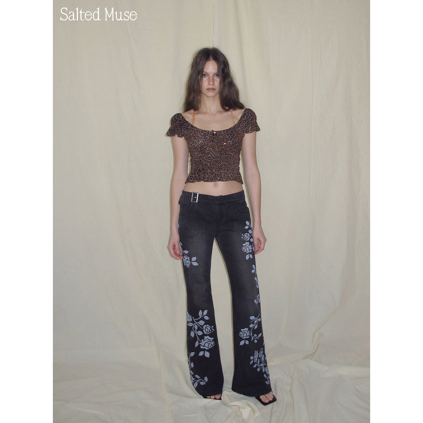 【SaltedMuse】Flocked Shirring Crop Top