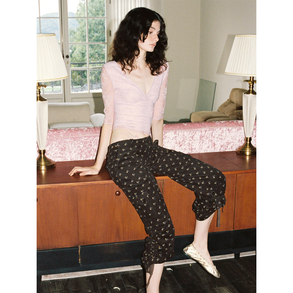 【SaltedMuse】French coffee floral drawstring low-rise cargo pants