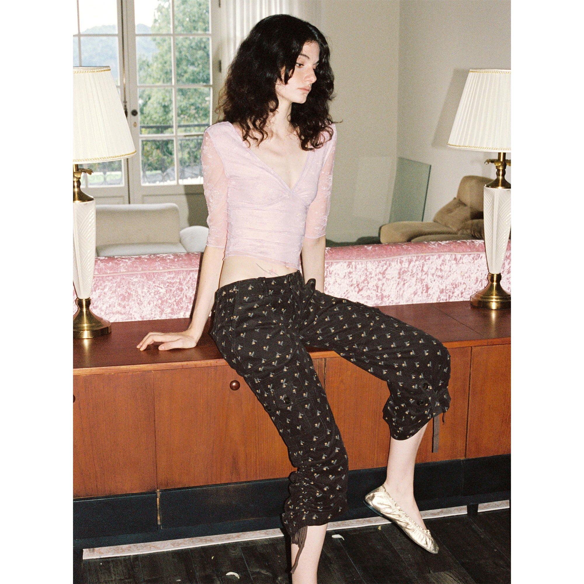 【SaltedMuse】French coffee floral drawstring low-rise cargo pants