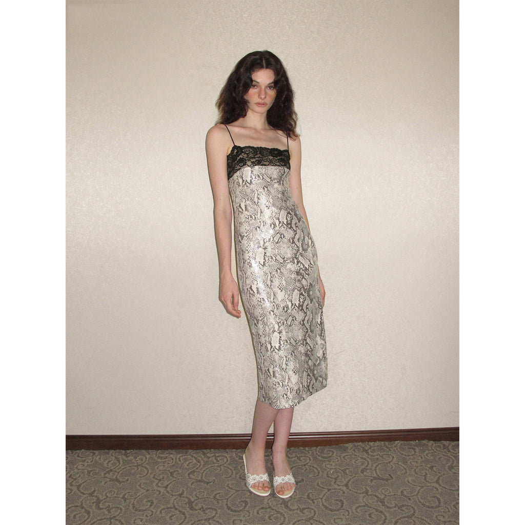 【SaltedMuse】French‑style Lace‑panel Snake Print Fitted Bodycon Slip Dress