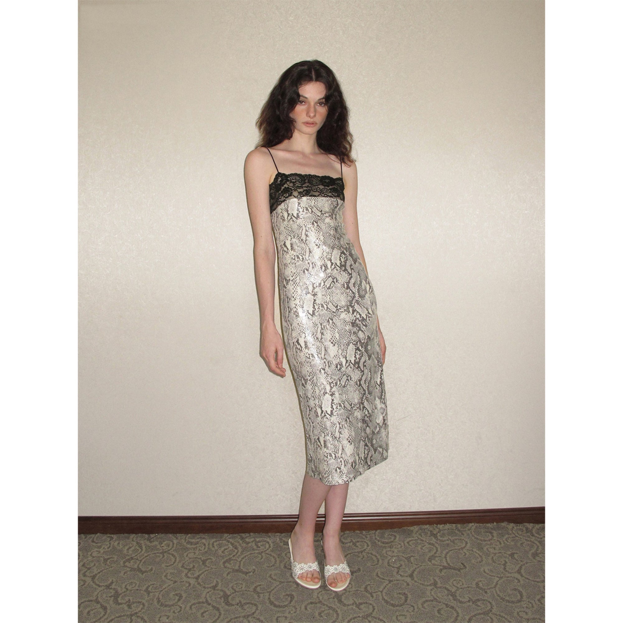 【SaltedMuse】French‑style Lace‑panel Snake Print Fitted Bodycon Slip Dress