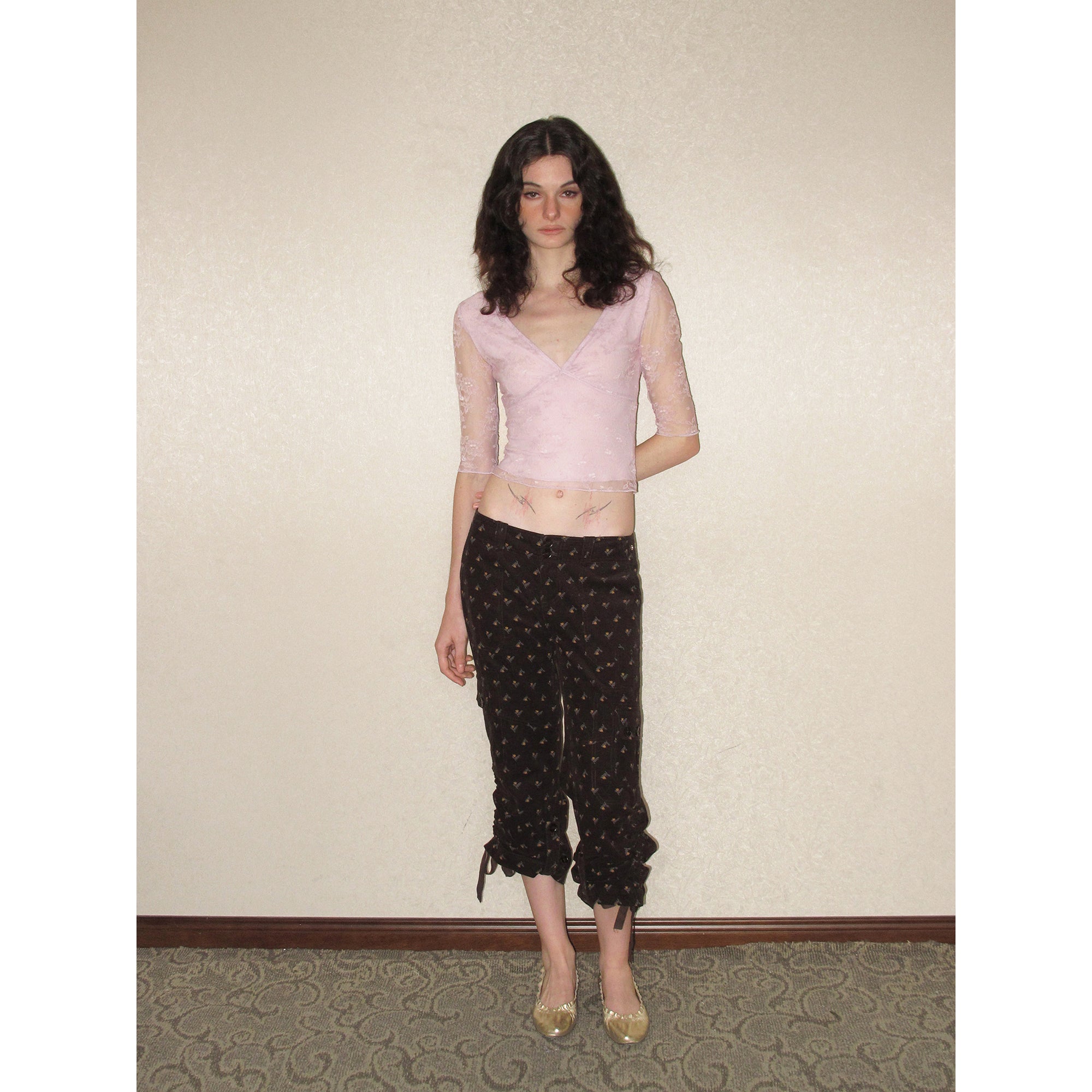 【SaltedMuse】French coffee floral drawstring low-rise cargo pants