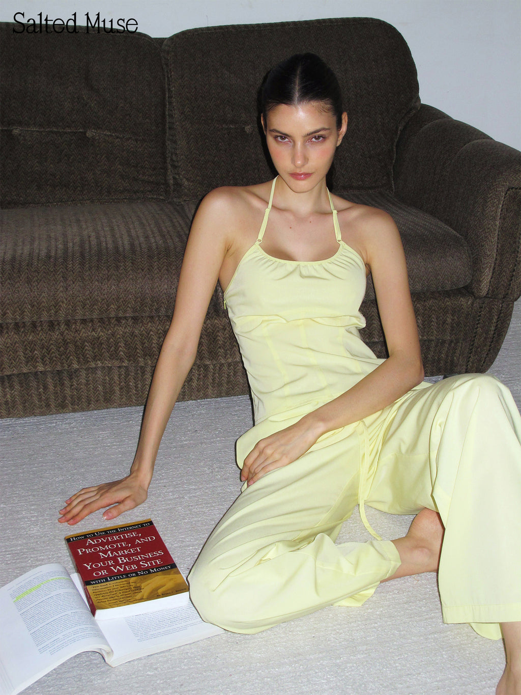 【SaltedMuse】Pale Yellow Elastic Drawstring Wide Leg Pants