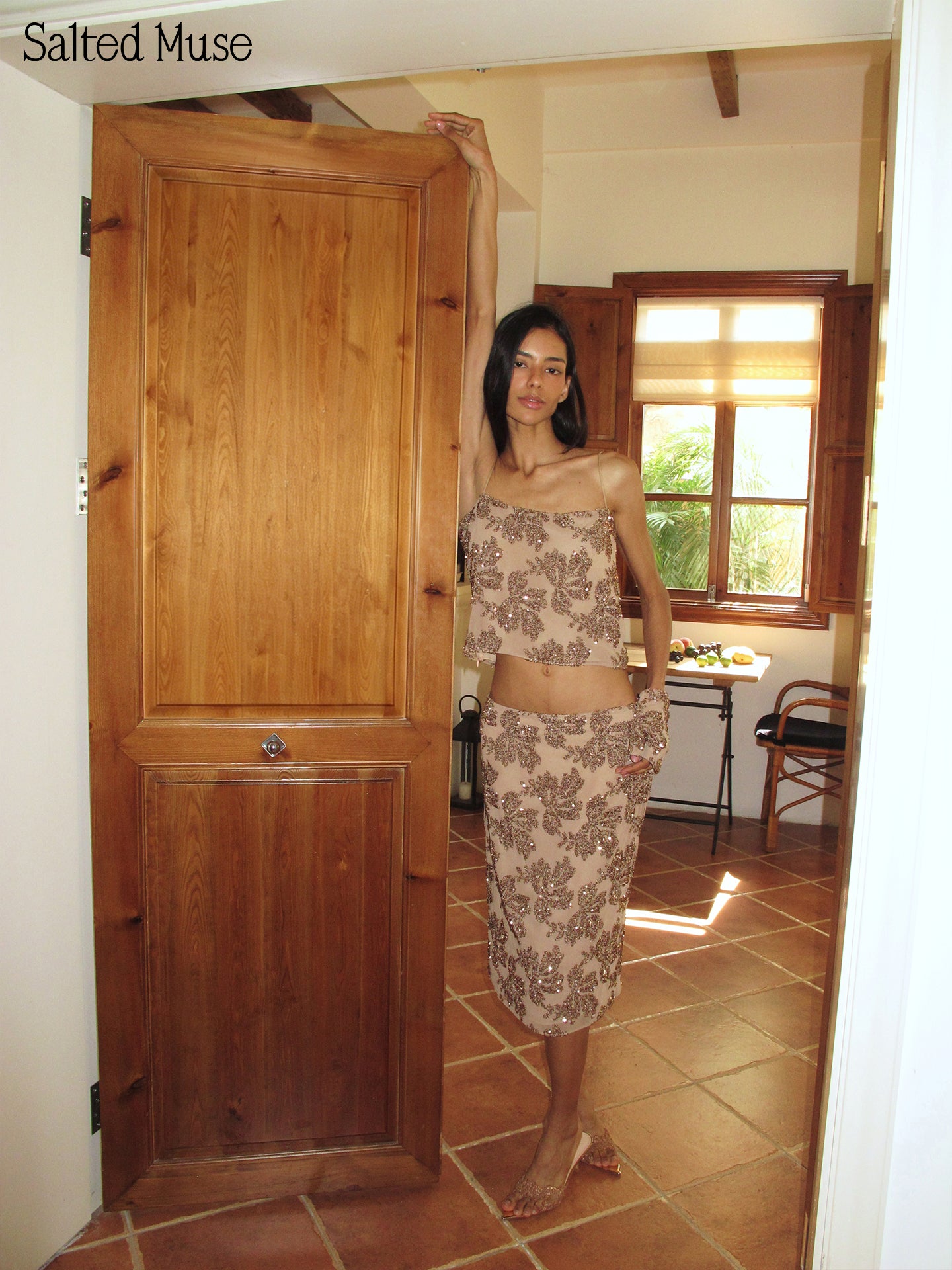 【SaltedMuse】hampagne Embroidered Sequin Low Waist Skirt