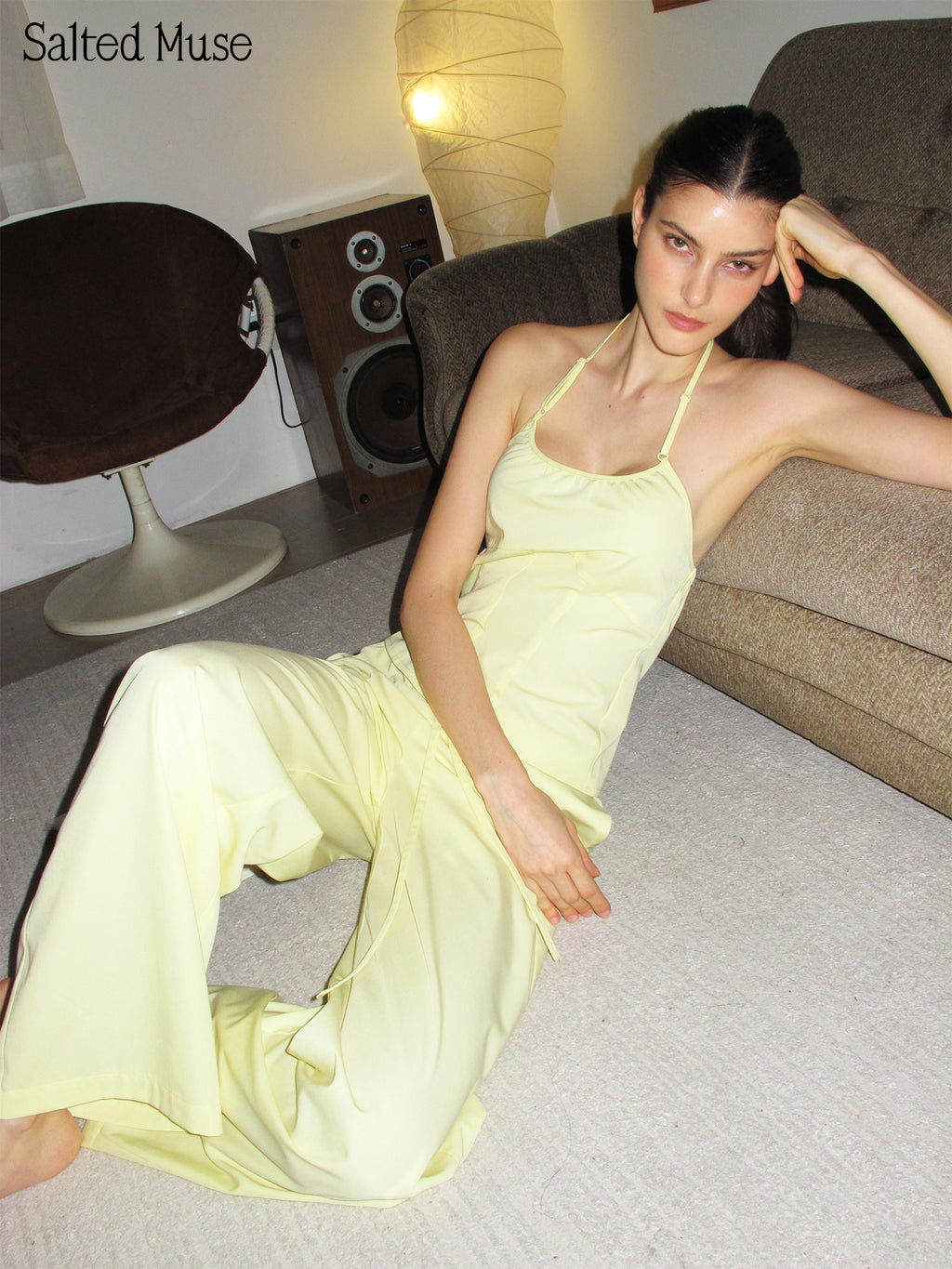 【SaltedMuse】Pale Yellow Ruched Waist Halter Top