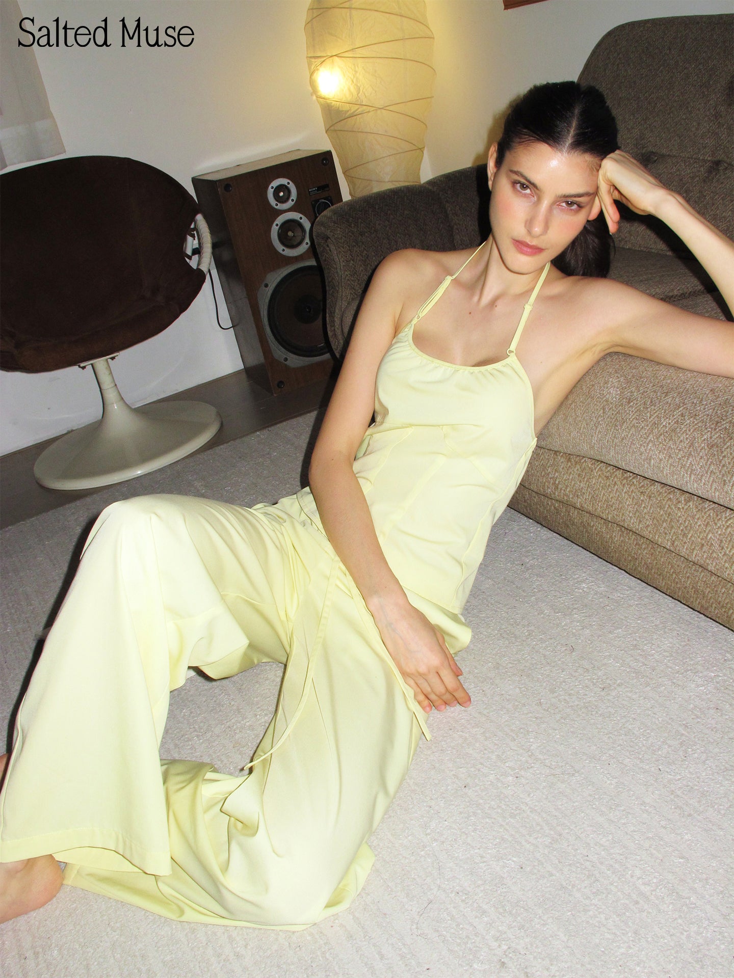 【SaltedMuse】Pale Yellow Ruched Waist Halter Top