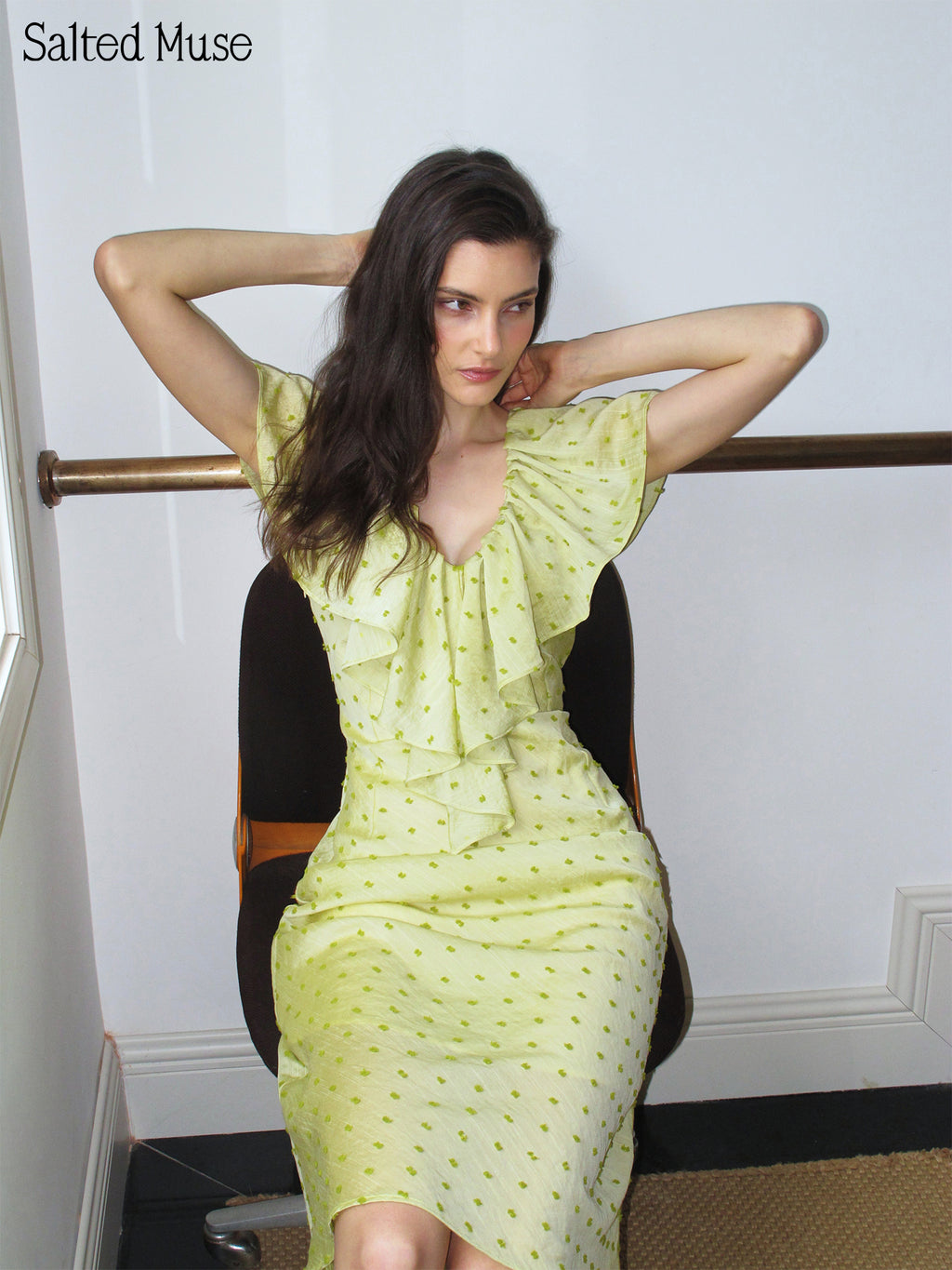 【SaltedMuse】Flocked Polka Dot Long Dress