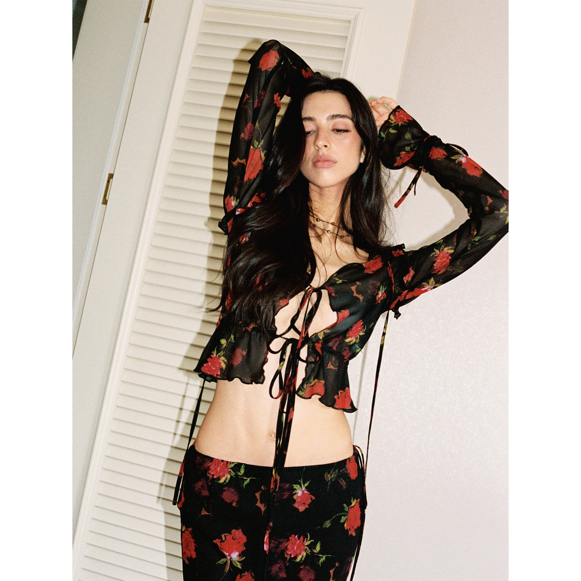 【SaltedMuse】French‑style Rose Chiffon Tie Long‑sleeve Top