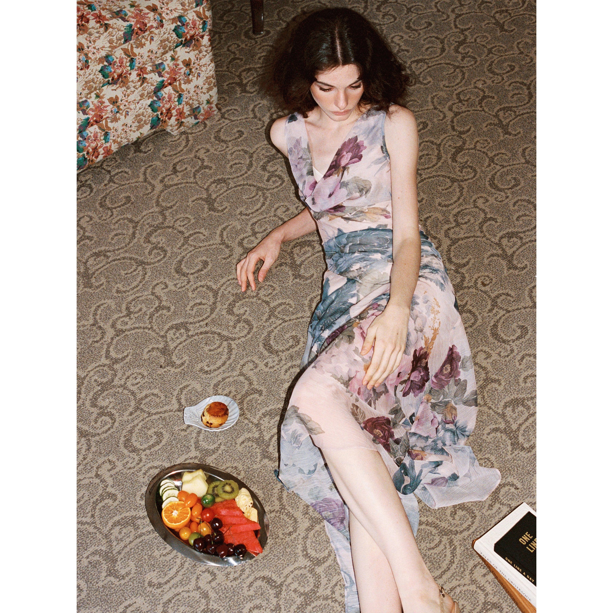 【SaltedMuse】French Draped Neck Floral Fitted Sleeveless Dress