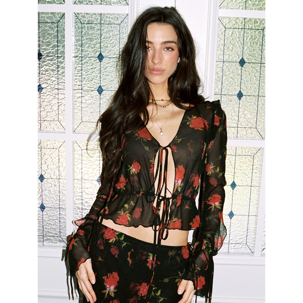 【SaltedMuse】French‑style Rose Chiffon Tie Long‑sleeve Top