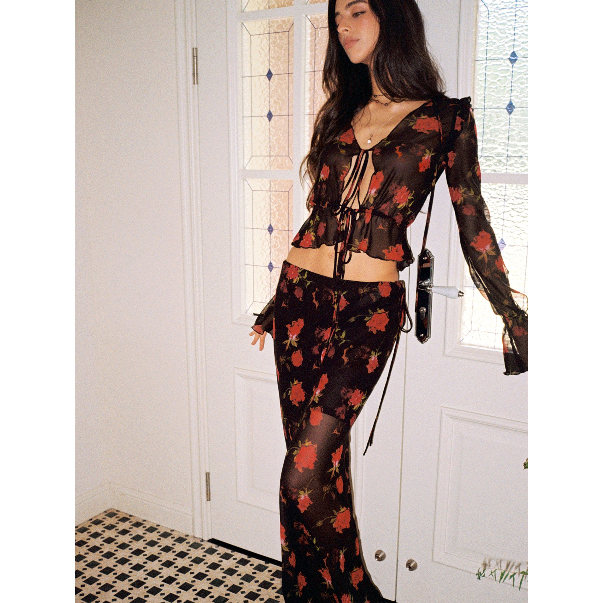 【SaltedMuse】French‑style Rose Chiffon Low‑waist Mermaid Maxi Skirt