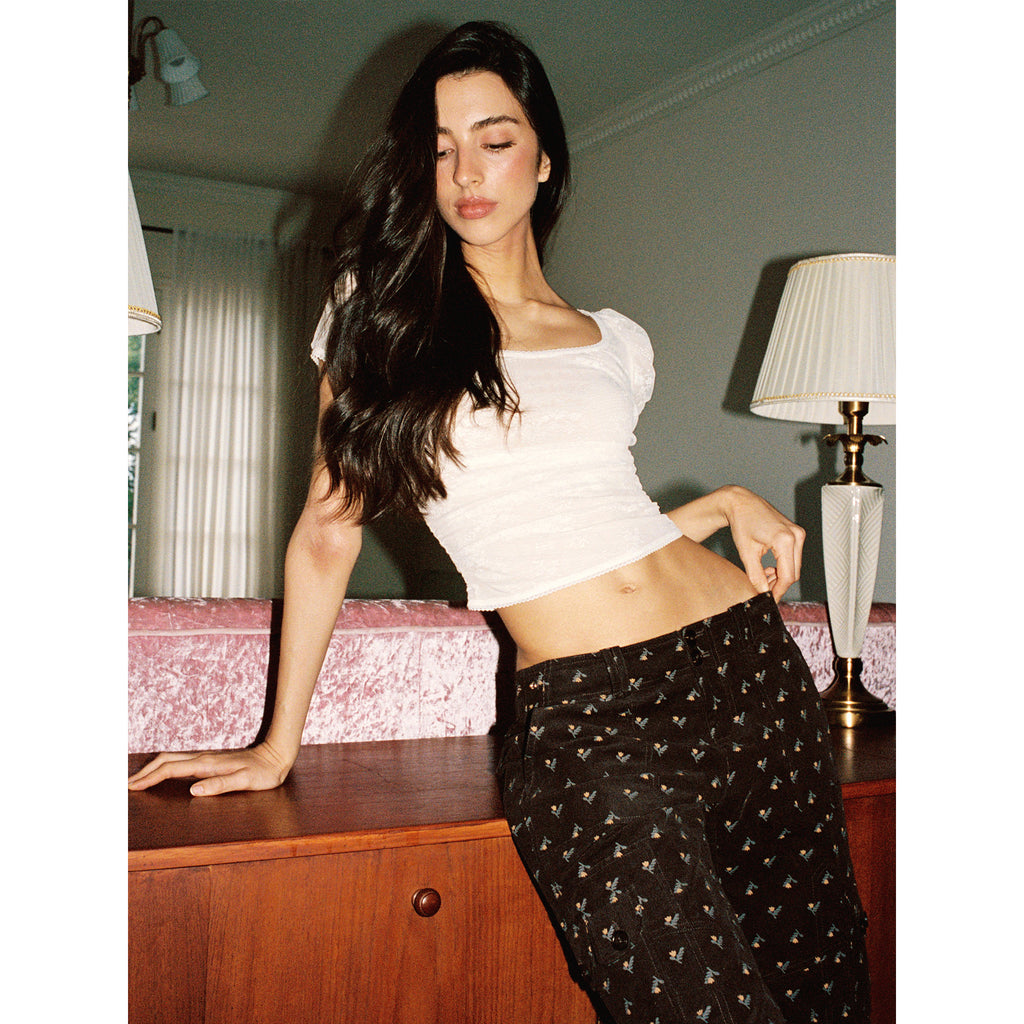 【SaltedMuse】French Square Neck Lace Ruffled Puff Sleeve Cropped Top