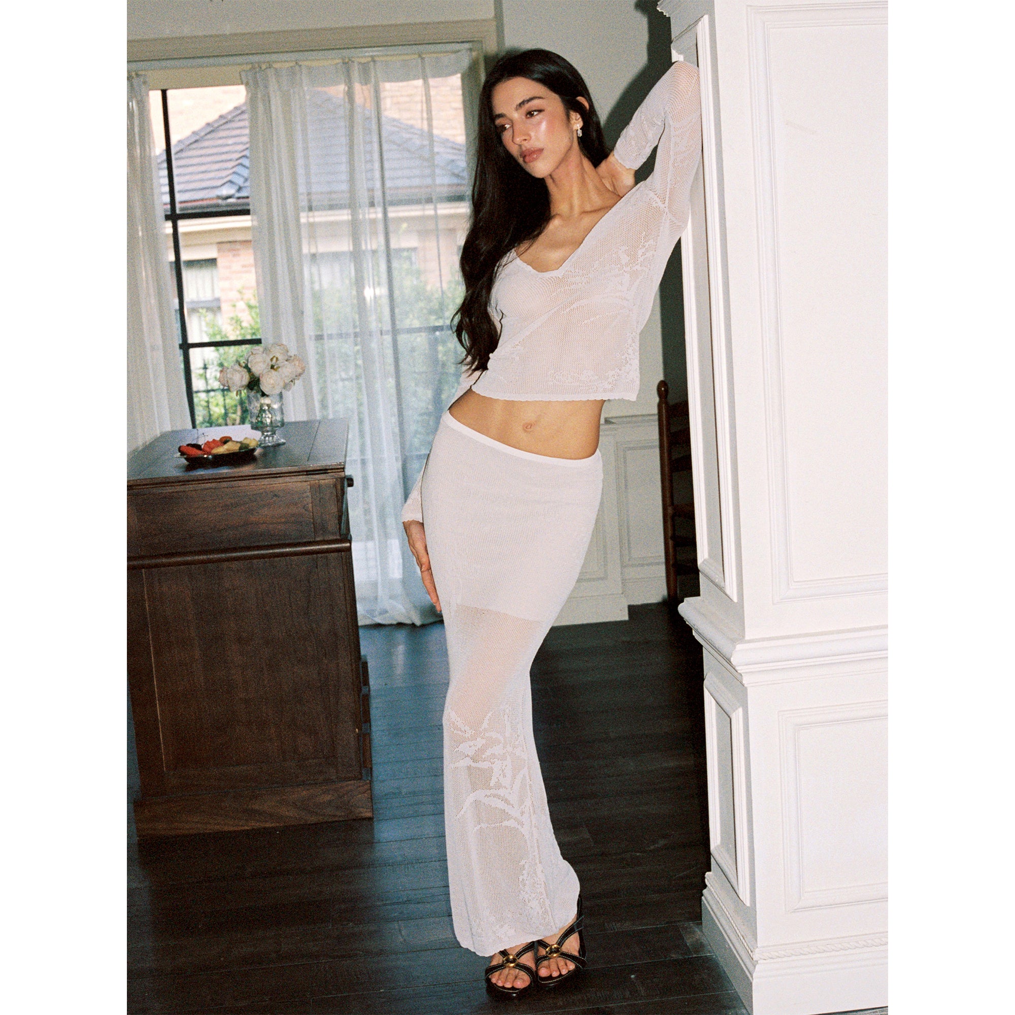 【SaltedMuse】French Jacquard Low‑Rise Knit Bodycon Midi Skirt