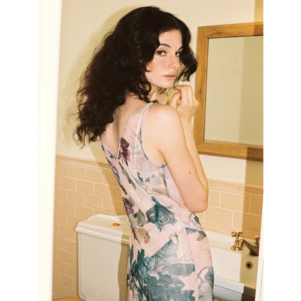 【SaltedMuse】French Draped Neck Floral Fitted Sleeveless Dress