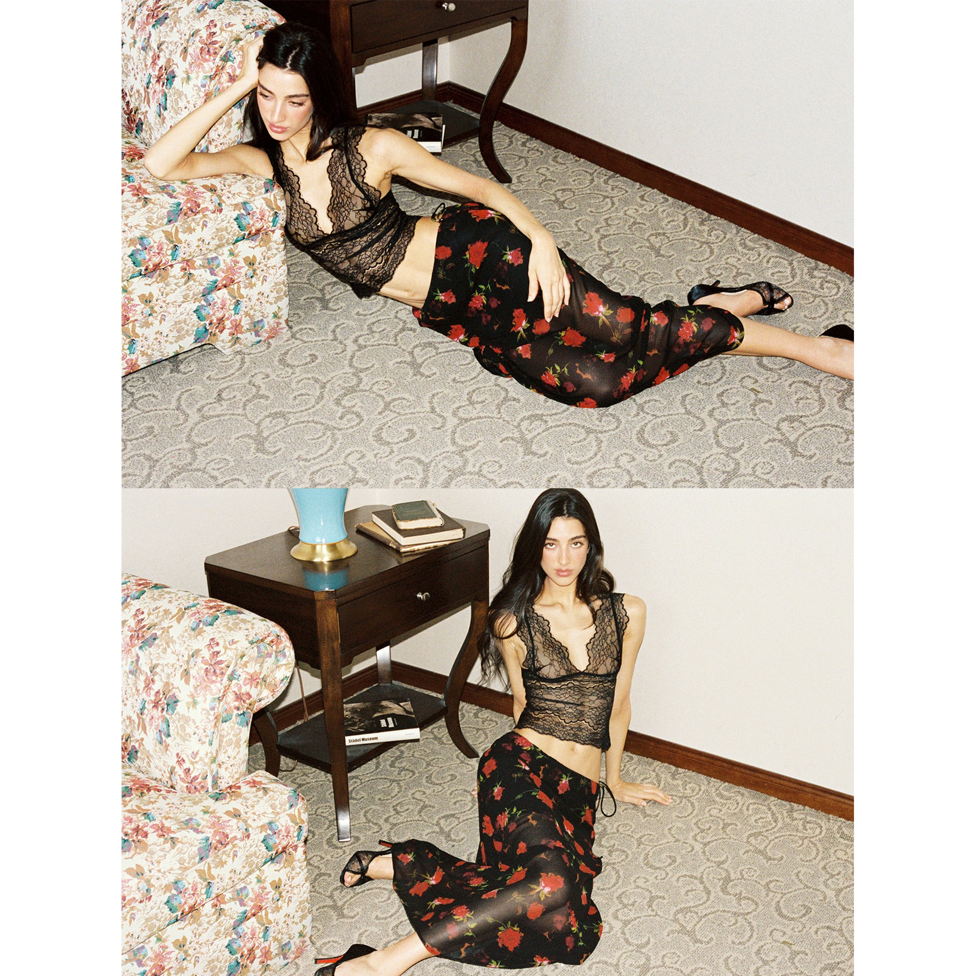 【SaltedMuse】French‑style Rose Chiffon Low‑waist Mermaid Maxi Skirt