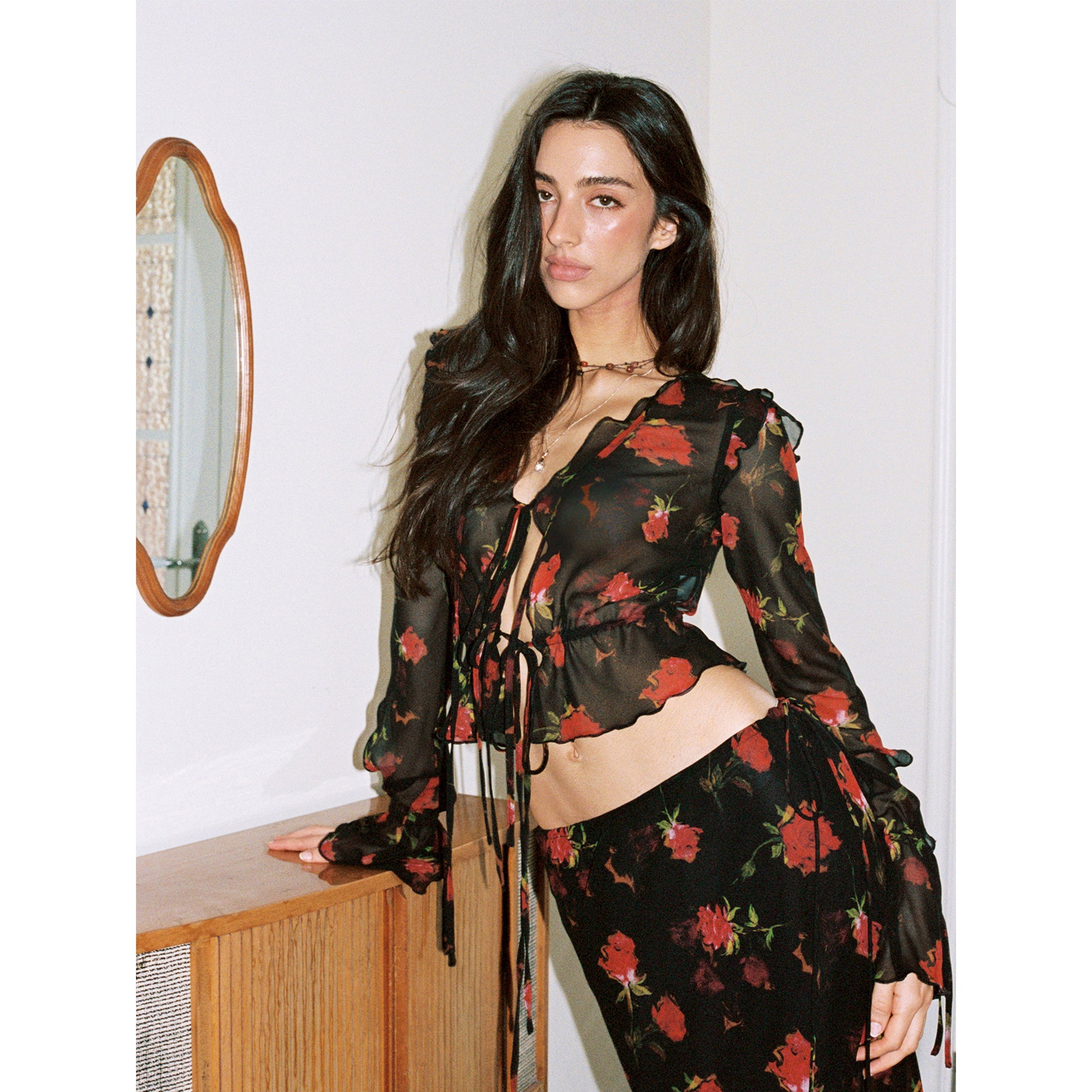 【SaltedMuse】French‑style Rose Chiffon Tie Long‑sleeve Top