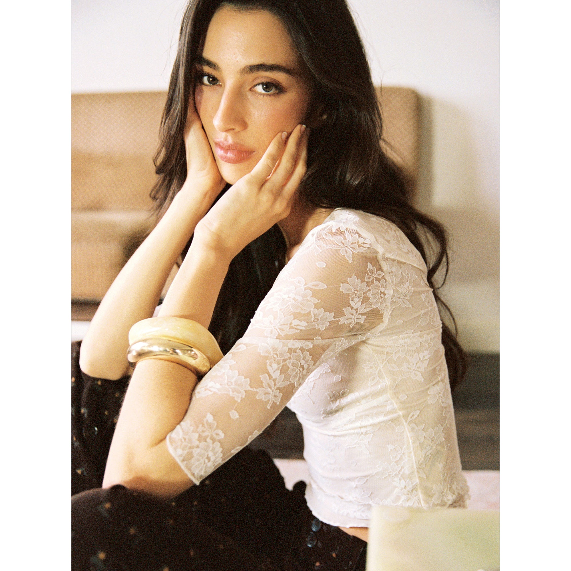 【SaltedMuse】French deep V mid-sleeve cropped lace top