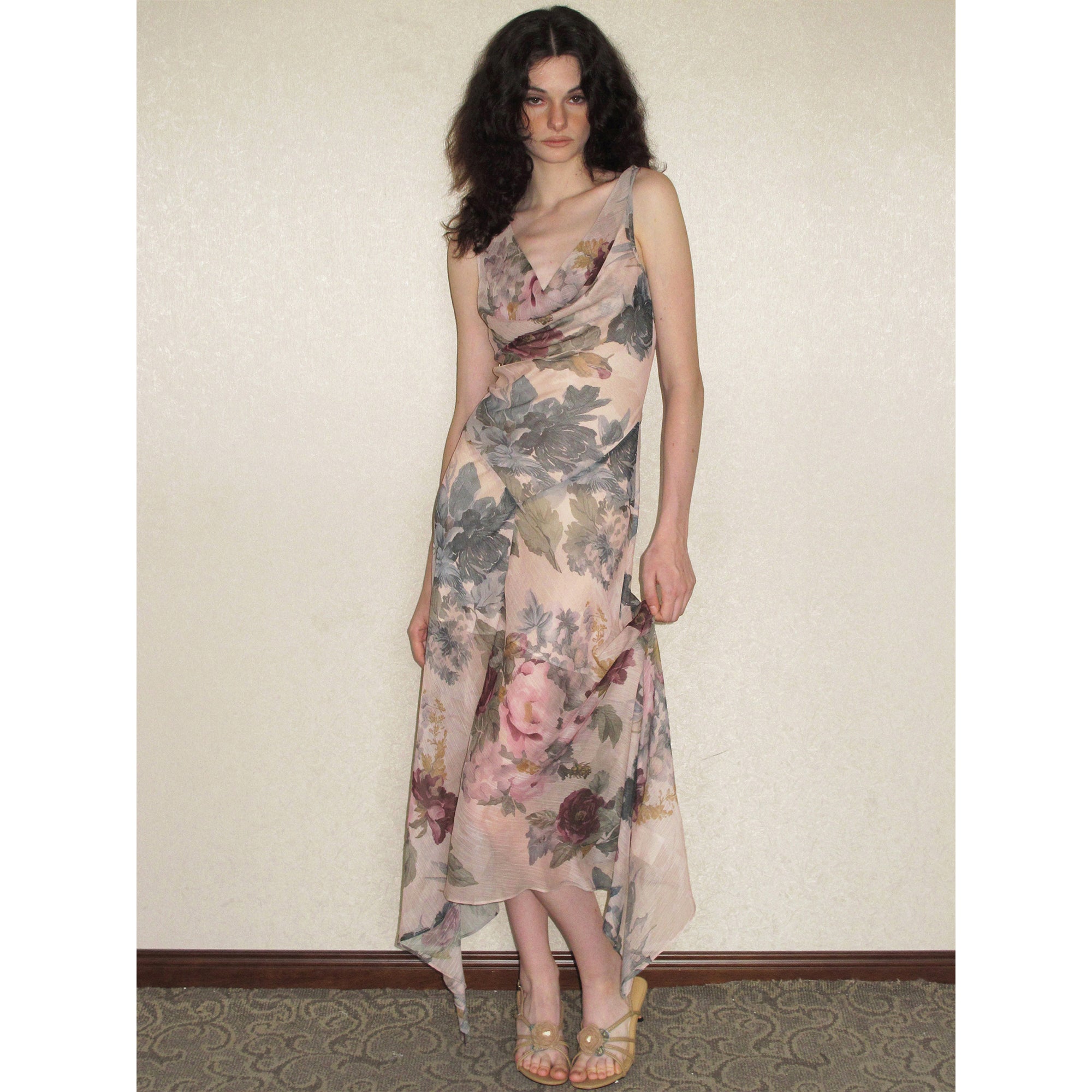 【SaltedMuse】French Draped Neck Floral Fitted Sleeveless Dress