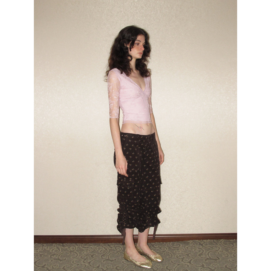 【SaltedMuse】French deep V mid-sleeve cropped lace top
