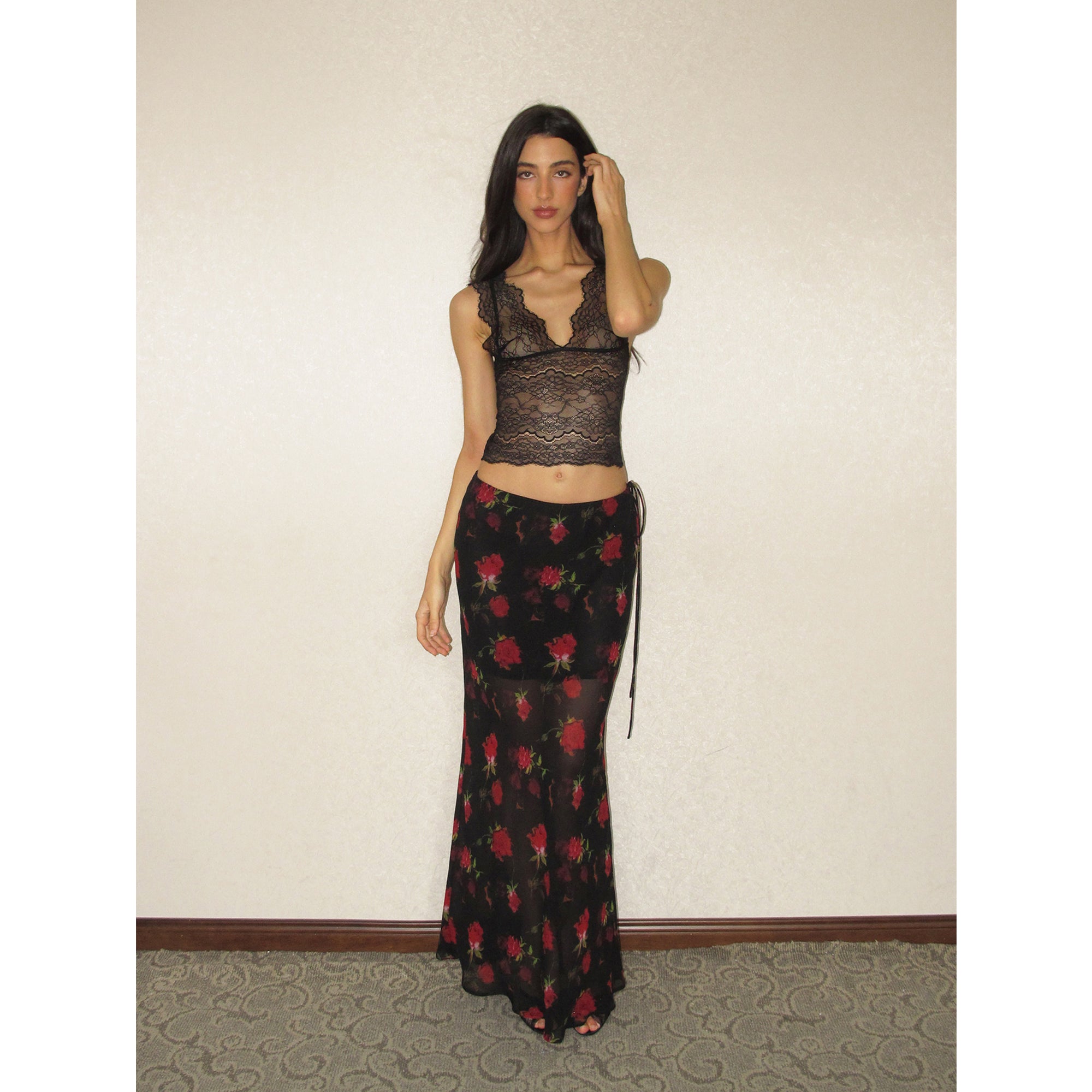 【SaltedMuse】French‑style Rose Chiffon Low‑waist Mermaid Maxi Skirt