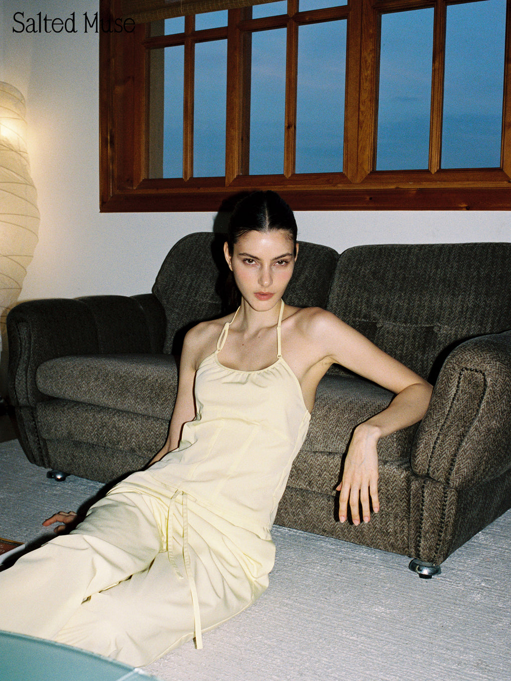 【SaltedMuse】Pale Yellow Ruched Waist Halter Top