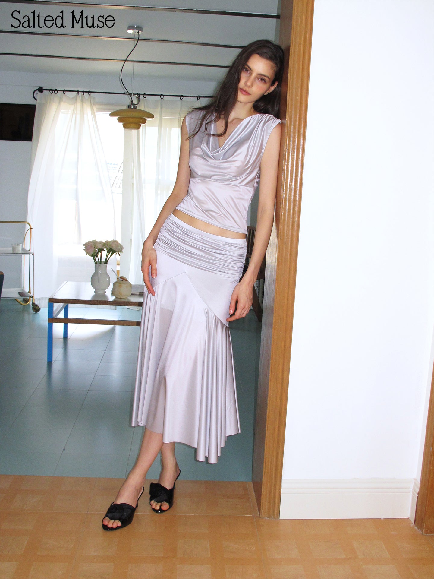 【SaltedMuse】Satin Cowl Neck Sleeveless Waist Fitted Top