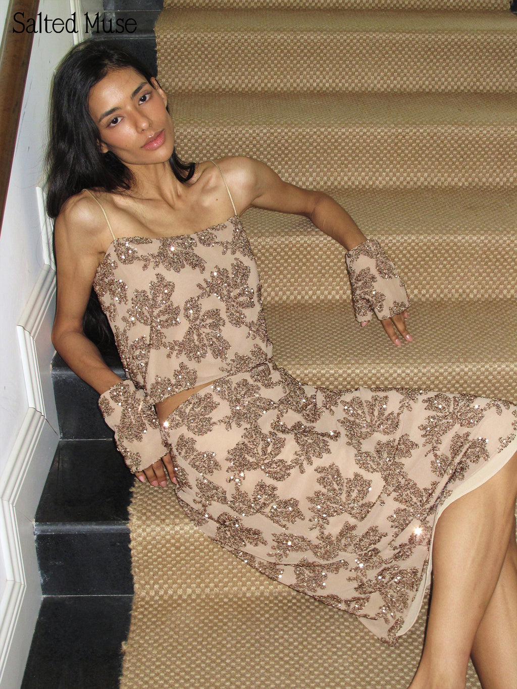 【SaltedMuse】Champagne Embroidered Sequin Cami
