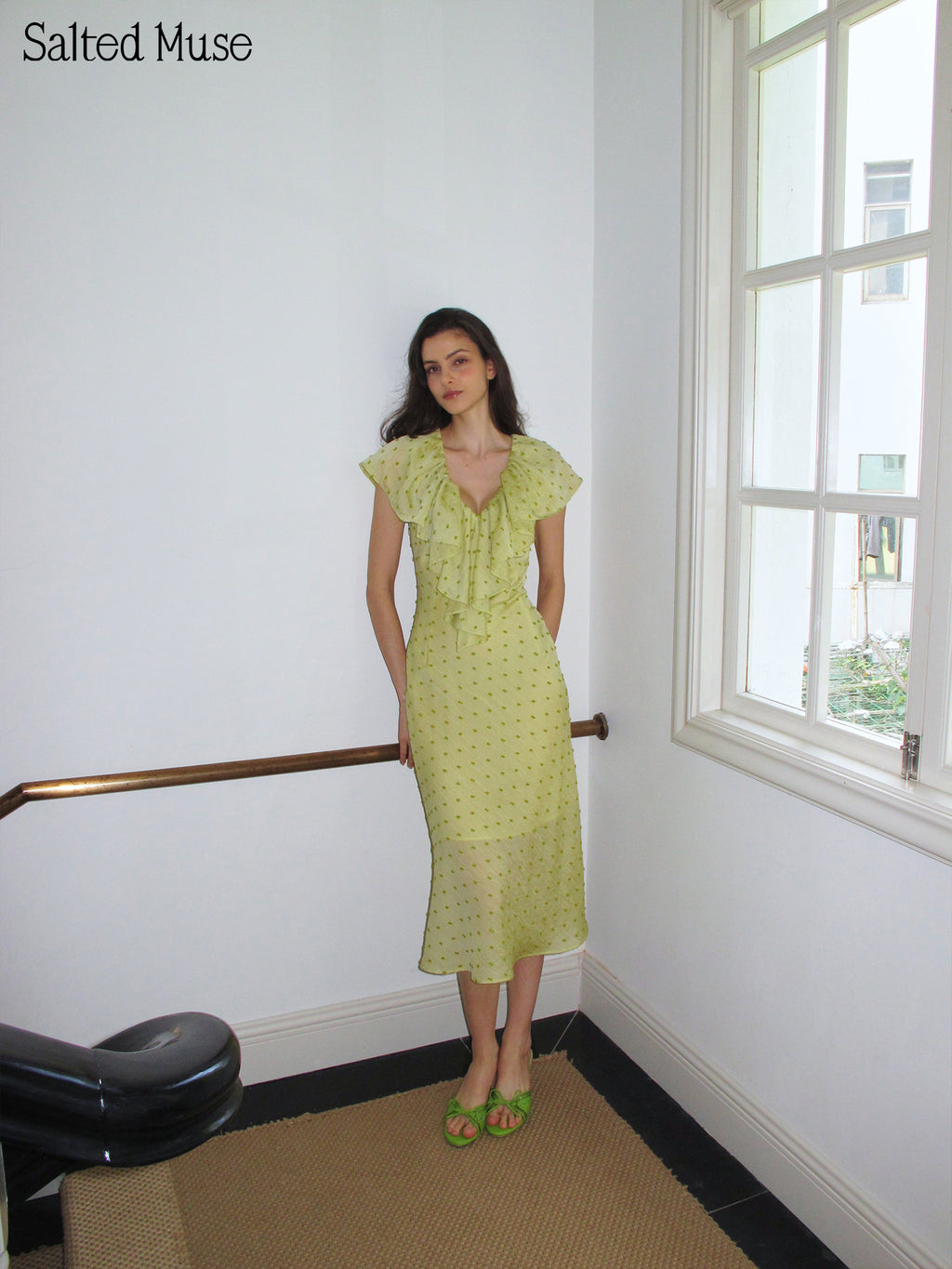 【SaltedMuse】Flocked Polka Dot Long Dress
