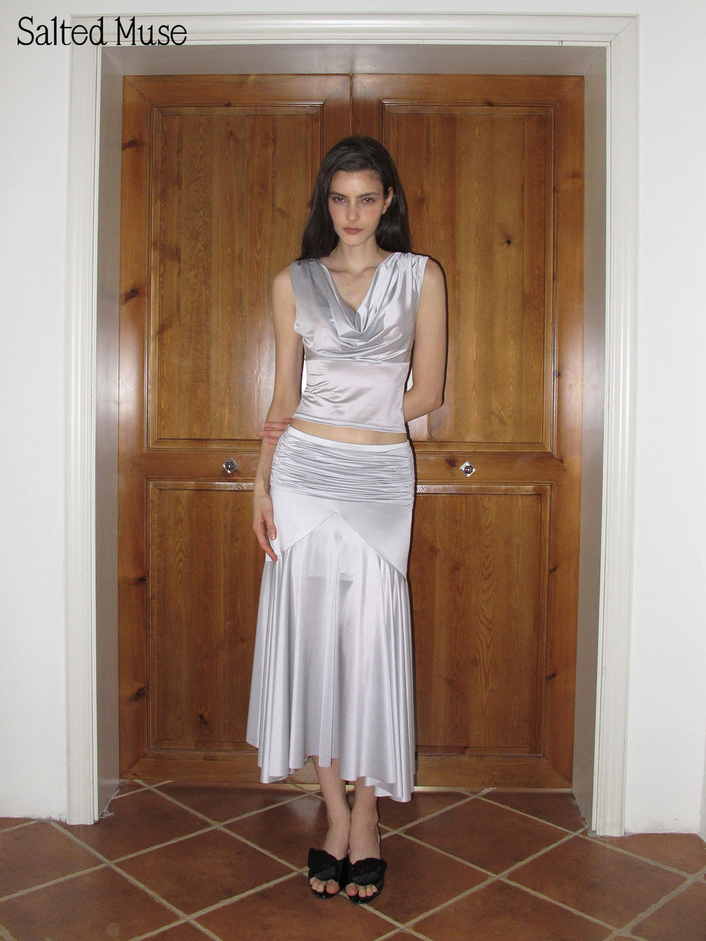 【SaltedMuse】Satin Ruched Draped Low Waist Skirt