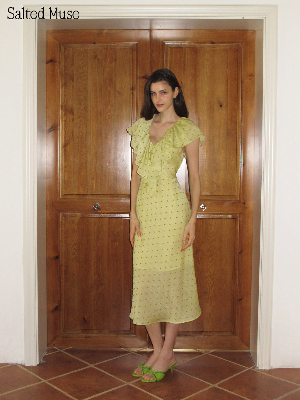 【SaltedMuse】Flocked Polka Dot Long Dress