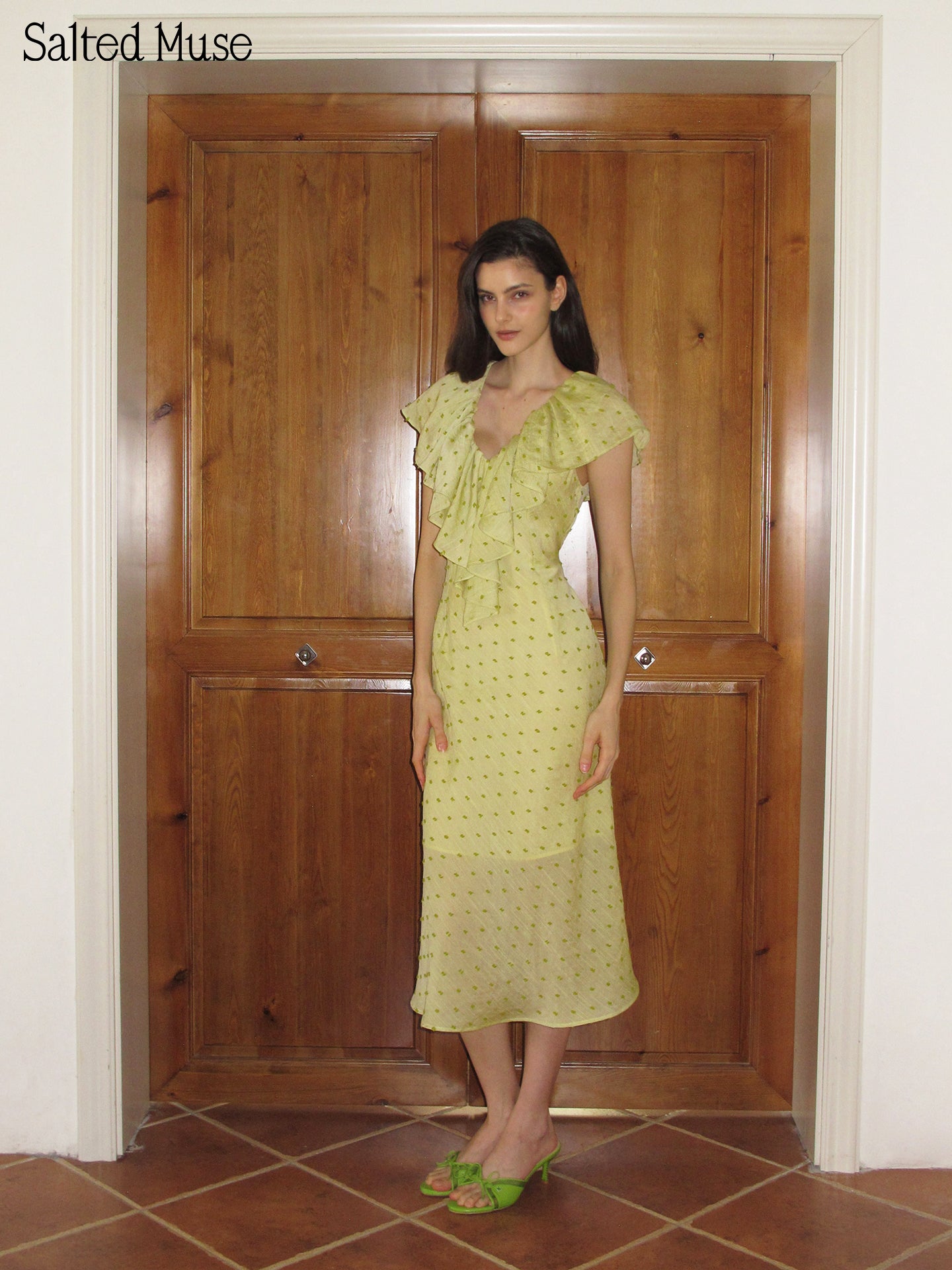 【SaltedMuse】Flocked Polka Dot Long Dress