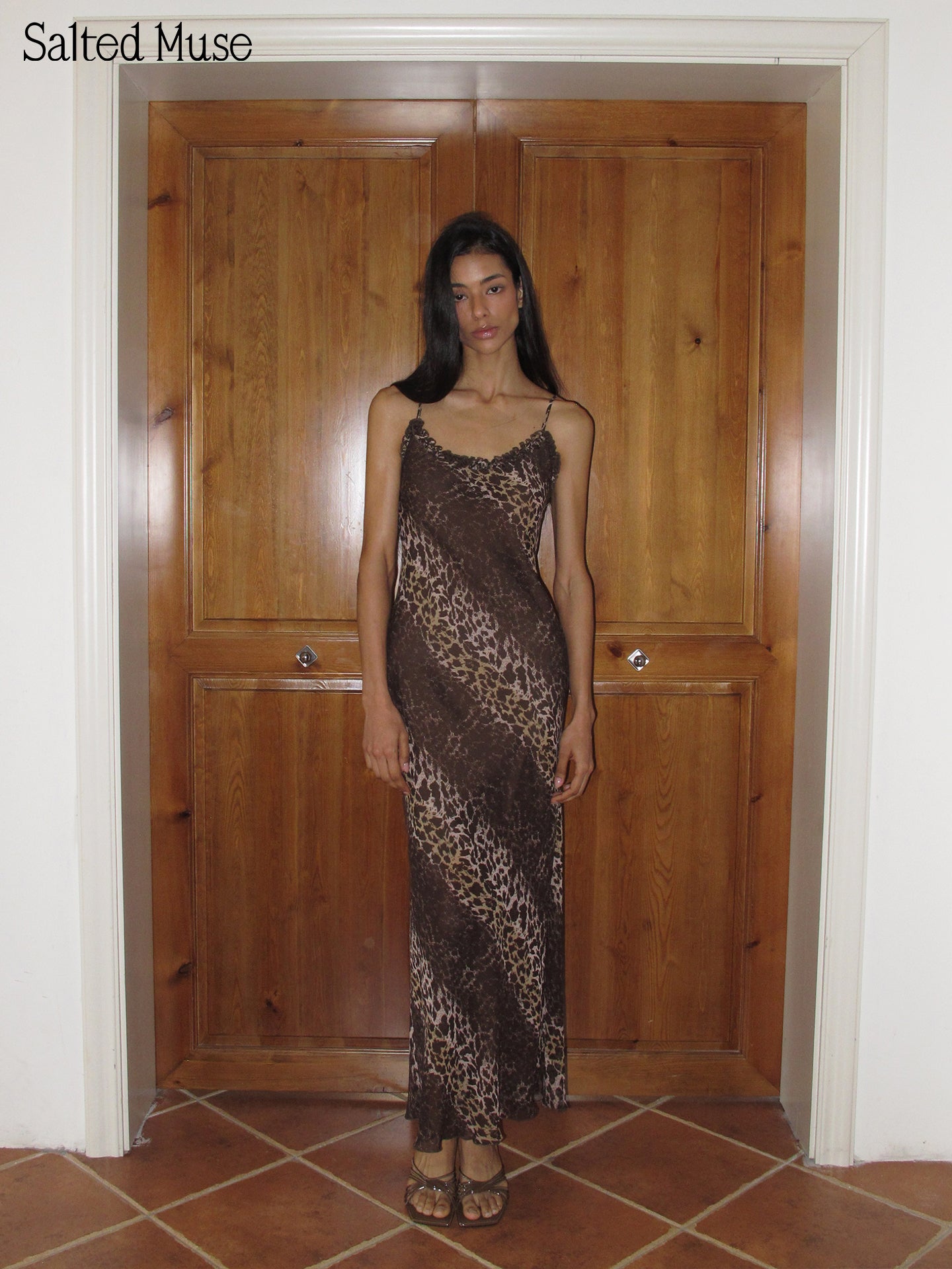 【SaltedMuse】Color-block Leopard Ruffle Cami Dress