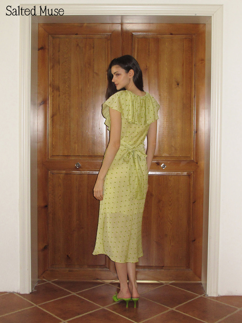 【SaltedMuse】Flocked Polka Dot Long Dress