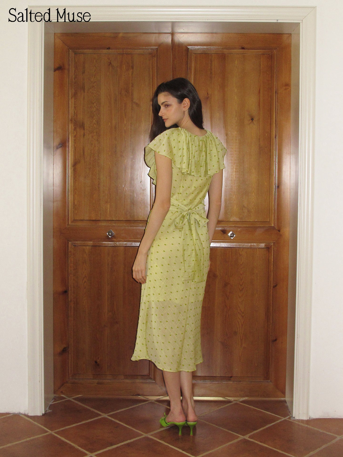 【SaltedMuse】Flocked Polka Dot Long Dress