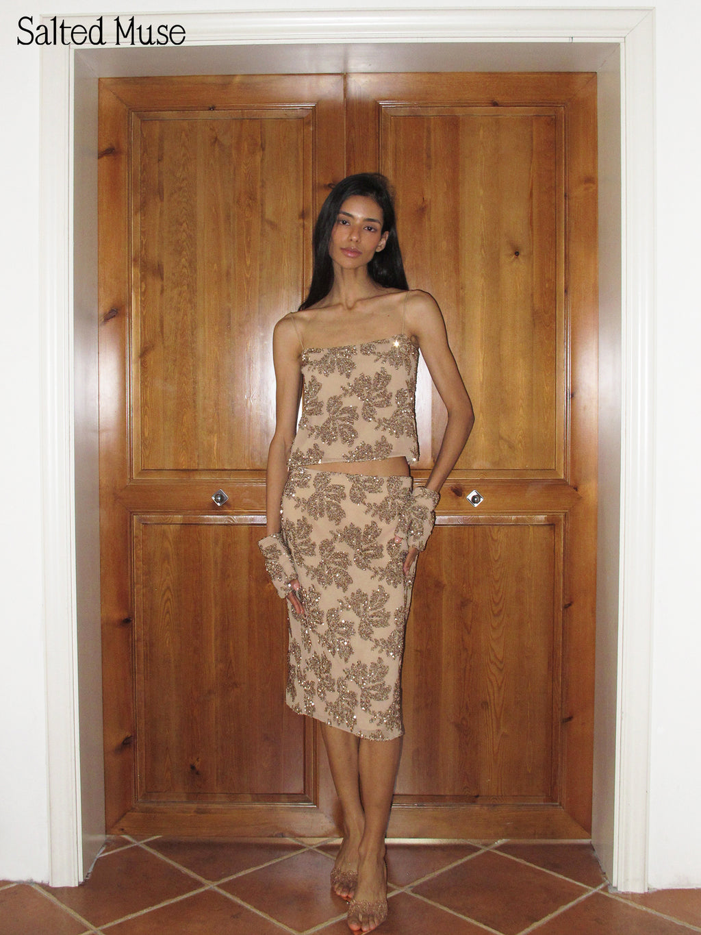 【SaltedMuse】hampagne Embroidered Sequin Low Waist Skirt