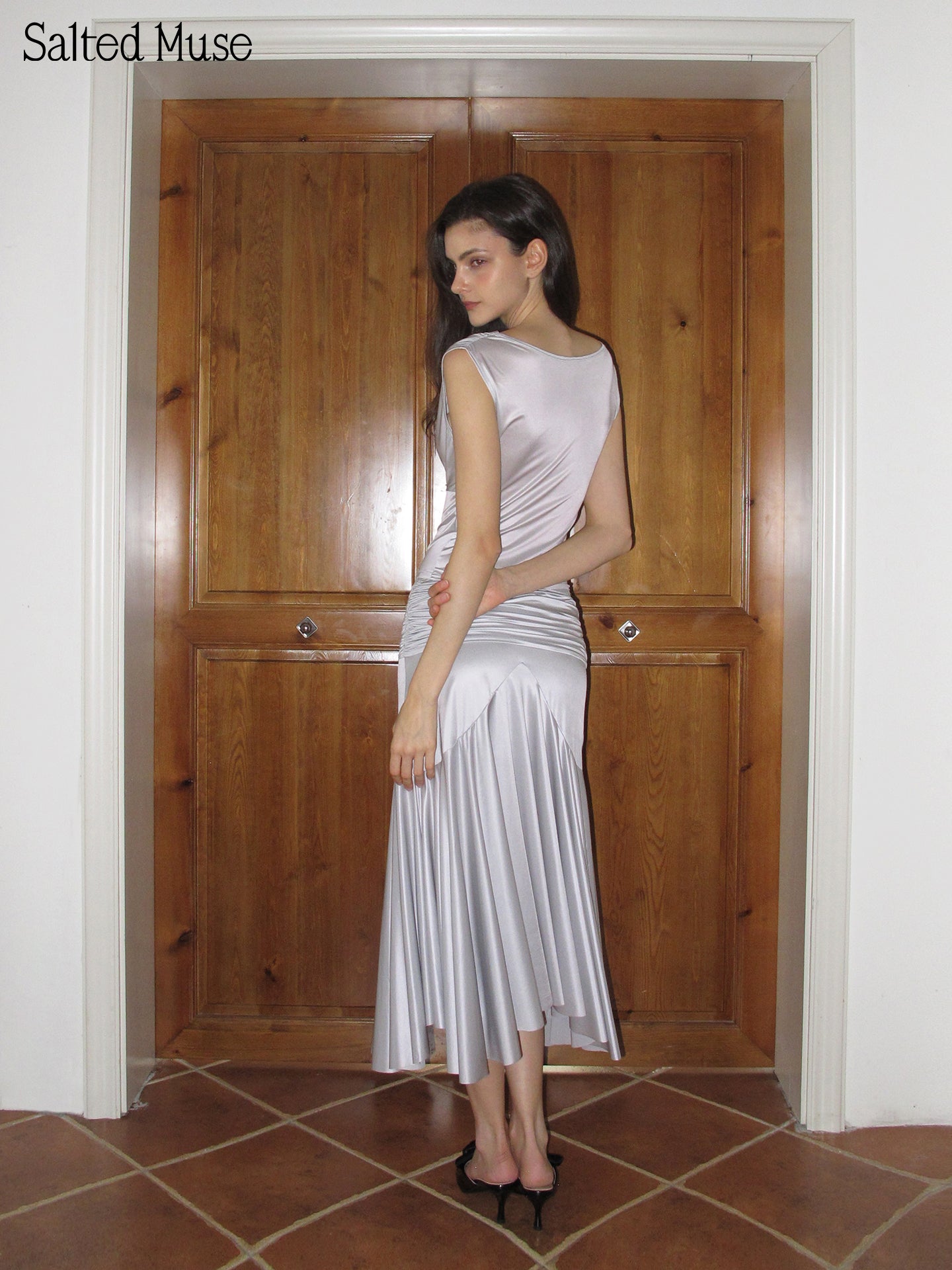 【SaltedMuse】Satin Ruched Draped Low Waist Skirt
